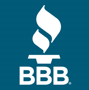 Better Business Bureau logo with two white ribbons above a seal icon